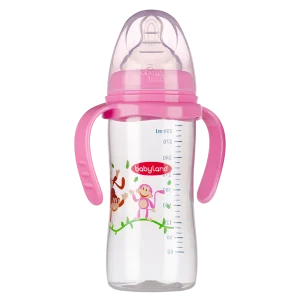 407-Babyland-PP-orthodontic-wide-neck-baby-bottle-pink-color-with-handle-300-ml