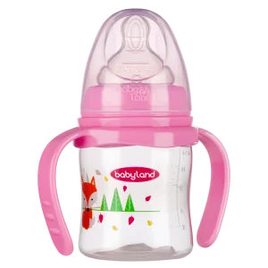 408-Babyland-PP-orthodontic-wide-neck-baby-bottle-pink-color-with-handle-150-ml