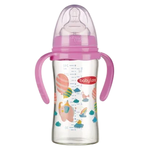 494-Babyland-pyrex-orthodontic-wide-neck-baby-bottle-pink-color-with-handle-240-ml