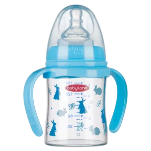 495-Babyland-pyrex-round-wide-neck-baby-bottle-blue-color-with-handle-150-ml