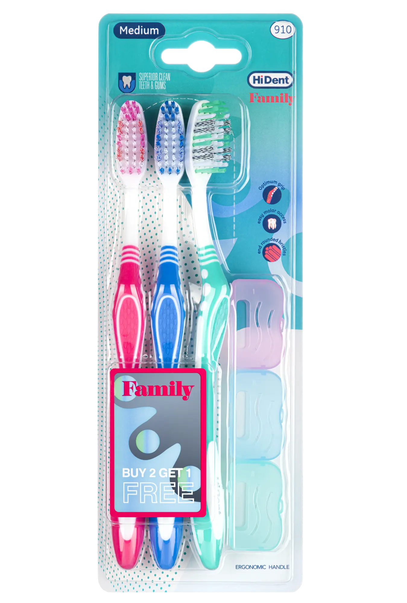 Hident professional toothbrush 3 Pcs pack with cart blue,green and pink color